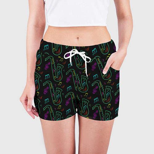 Женские шорты Неоновый саксофон и музыкальные ноты / 3D-принт – фото 3