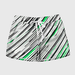 Шорты женские Диагональные чёрно-зелёные полосы на белом фоне, цвет: 3D-принт
