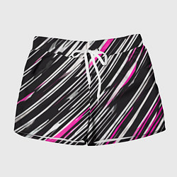 Шорты женские Диагональные розово-белые полосы на чёрном фоне, цвет: 3D-принт