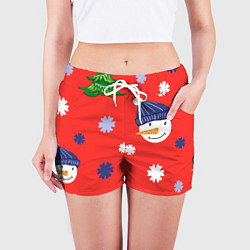 Шорты женские Новогодний узор со снеговиком и снежинками, цвет: 3D-принт — фото 2