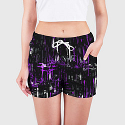 Шорты женские Бело-фиолетовая тревожная абстракция на чёрном фон, цвет: 3D-принт — фото 2