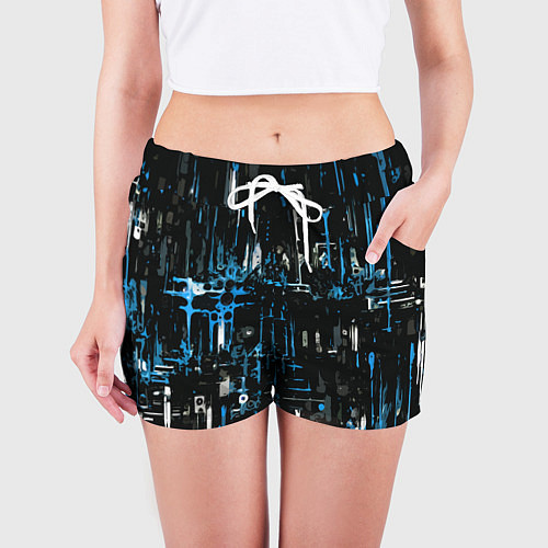 Женские шорты Бело-синяя тревожная абстракция на чёрном фоне / 3D-принт – фото 3