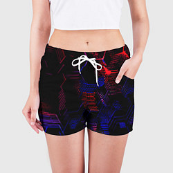 Шорты женские Красно-синие точки и линии на чёрном фоне, цвет: 3D-принт — фото 2