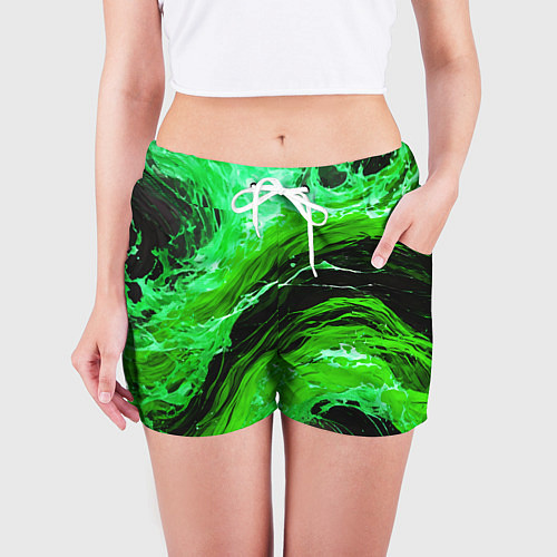 Женские шорты Зелёные брызги на чёрном фоне / 3D-принт – фото 3