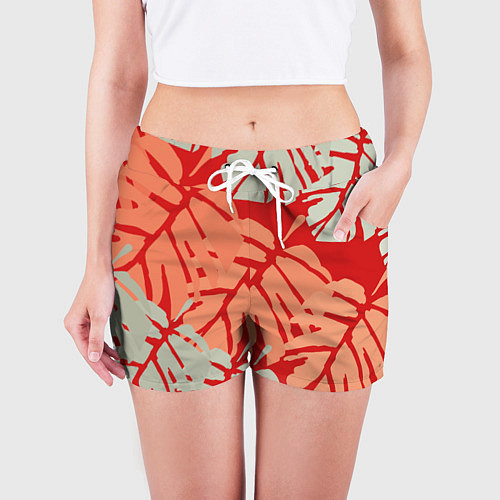 Женские шорты Отпечатки монстеры на красном / 3D-принт – фото 3
