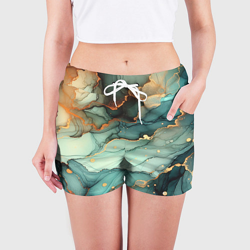 Женские шорты Бирюзовый узор с оранжевыми вставками / 3D-принт – фото 3