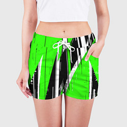 Шорты женские Чёрно-белые вертикальные полосы на зелёном фоне, цвет: 3D-принт — фото 2