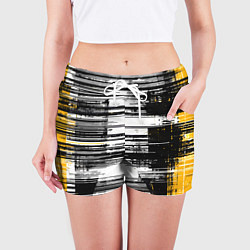 Шорты женские Горизонтальные чёрные линии на бело-жёлтом фоне, цвет: 3D-принт — фото 2