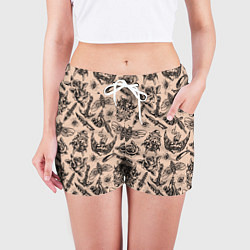 Шорты женские Татуировка с цикадой и демоном Они - паттерн, цвет: 3D-принт — фото 2