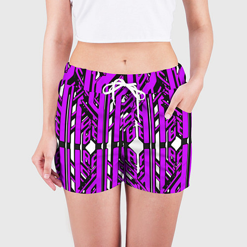Женские шорты Чёрно-фиолетовые техно полосы на белом фоне / 3D-принт – фото 3