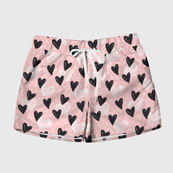 Шорты женские Романтичный паттерн с сердечками на розовом фоне, цвет: 3D-принт