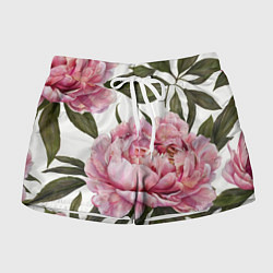Шорты женские Розовые пионы на белом, цвет: 3D-принт