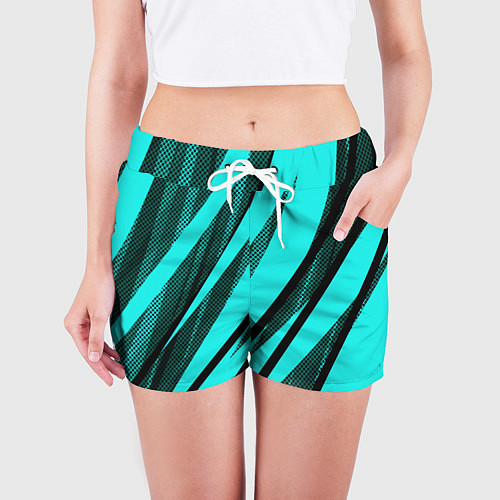 Женские шорты Неоновый голубой с чёрным абстракция с полосами / 3D-принт – фото 3