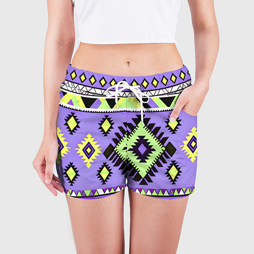 Женские шорты Геометрический сиренево желтый орнамент ацтеков / 3D-принт – фото 3