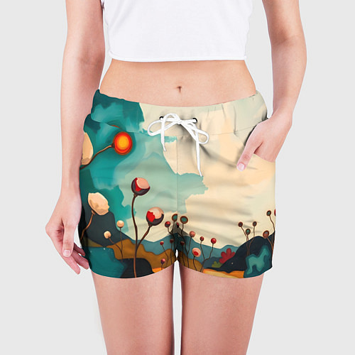 Женские шорты Сюрреалистичный пейзаж с цветами / 3D-принт – фото 3