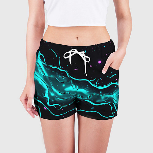 Женские шорты Голубые неоновые волны текстура / 3D-принт – фото 3