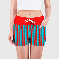 Шорты женские Красно синий комбинированный узор с полосами, цвет: 3D-принт — фото 2