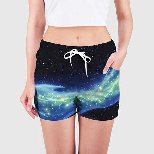 Женские шорты Синяя волна с зеленым оттенком на черном / 3D-принт – фото 3