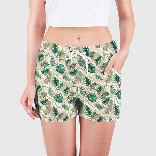 Женские шорты Листья монстеры на мраморном фоне / 3D-принт – фото 3