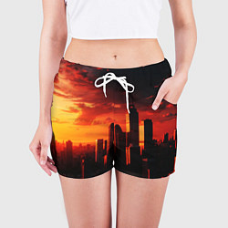 Шорты женские Стилизованный город оранжевый закат, цвет: 3D-принт — фото 2