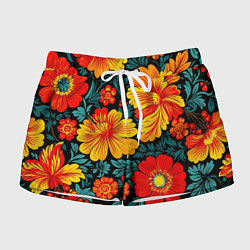 Шорты женские Русская хохлома с цветами, цвет: 3D-принт