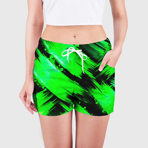 Женские шорты Зеленые мазки краски на черном / 3D-принт – фото 3