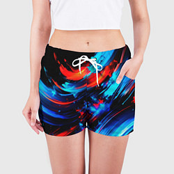 Шорты женские Синие и красные мазки краски на черном, цвет: 3D-принт — фото 2