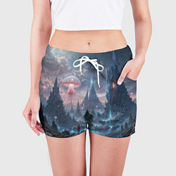 Шорты женские Фантастический мир с медузами и озеро у гор, цвет: 3D-принт — фото 2