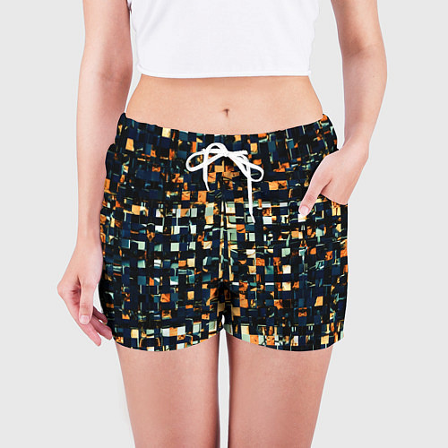Женские шорты Тёмный синий с оранжевым кубики абстракция / 3D-принт – фото 3