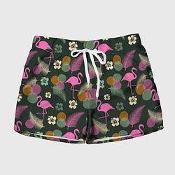 Шорты женские Фламинго и листья на темно-зеленом, цвет: 3D-принт