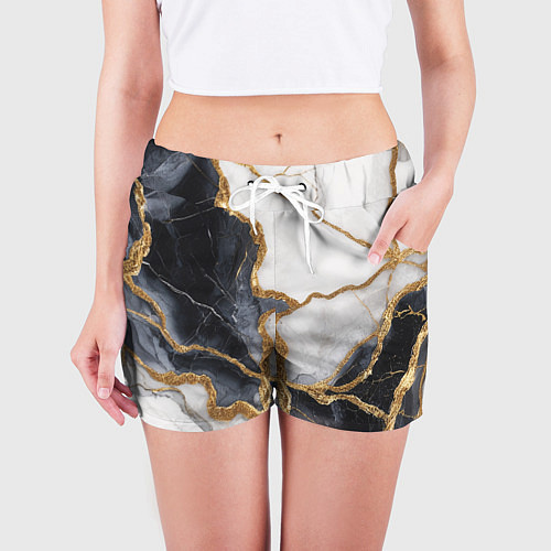 Женские шорты Мрамор белый и черный с золотом / 3D-принт – фото 3