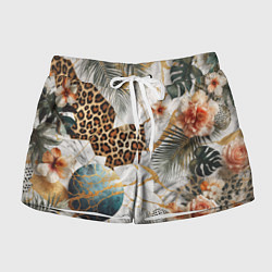 Шорты женские Мрамор с цветами и леопардовый узор, цвет: 3D-принт