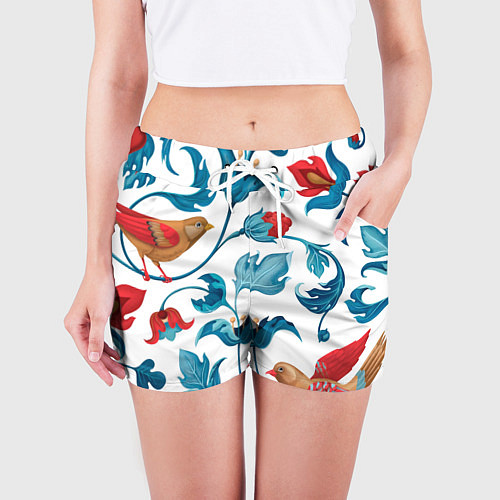 Женские шорты Цветы и птицы - паттерн / 3D-принт – фото 3