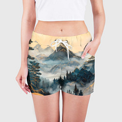 Шорты женские Японские горы и туман, цвет: 3D-принт — фото 2
