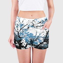 Шорты женские Абстракция чёрное дерево с синими цветами, цвет: 3D-принт — фото 2