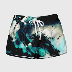 Шорты женские Чёрный с бирюзовым абстракция тёмные краски, цвет: 3D-принт