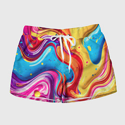 Шорты женские Смесь красно-жёлто-голубых масляных красок абстрак, цвет: 3D-принт