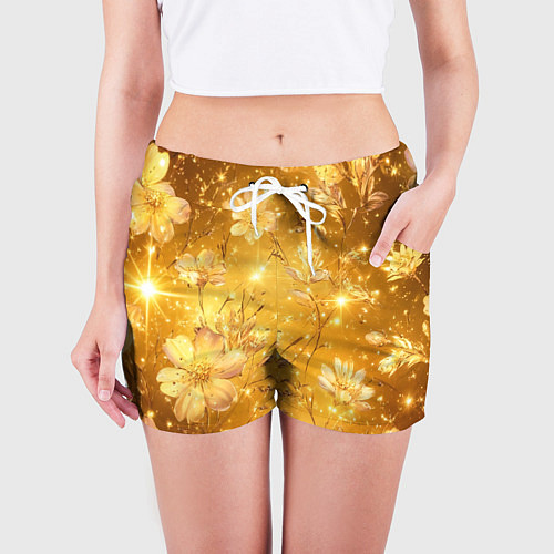 Женские шорты Цветочный золотой с искрами / 3D-принт – фото 3