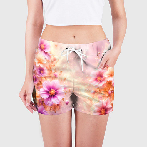 Женские шорты Нежный розовый цветочный с золотистым свечением / 3D-принт – фото 3