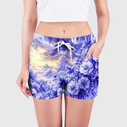 Шорты женские Сине-сиреневый цветы на фоне облаков, цвет: 3D-принт — фото 2