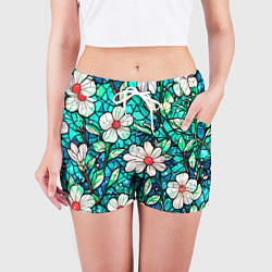 Шорты женские Цветочный сине-зелёный витраж, цвет: 3D-принт — фото 2