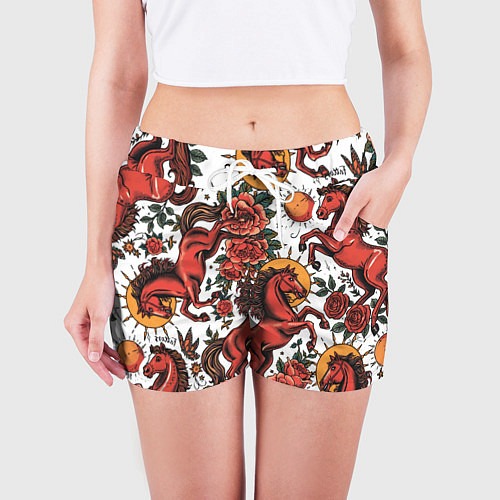 Женские шорты Красный конь в стиле татуировки / 3D-принт – фото 3