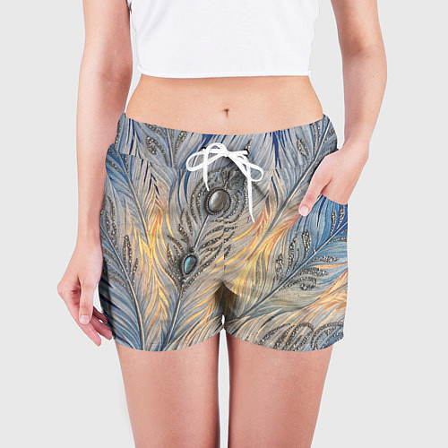 Женские шорты Синие перья с самоцветами / 3D-принт – фото 3