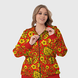 Женский 3D-костюм Хохломская роспись золотистые цветы на красном фон, цвет: 3D-красный — фото 2