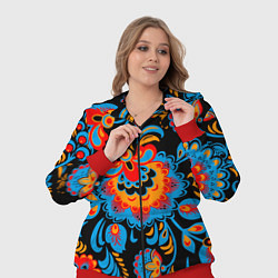 Женский 3D-костюм Хохломская роспись разноцветные цветы на чёроном ф, цвет: 3D-красный — фото 2