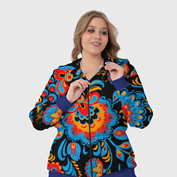 Женский 3D-костюм Хохломская роспись разноцветные цветы на чёроном ф, цвет: 3D-синий — фото 2