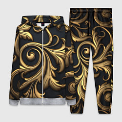 Женский 3D-костюм Объемные золотые листья на черном фоне лепнина, цвет: 3D-меланж