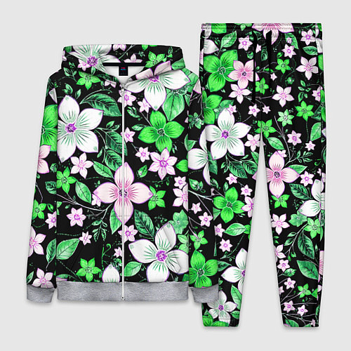 Женский костюм Зелёно-белые цветы на чёрном фоне / 3D-Меланж – фото 1