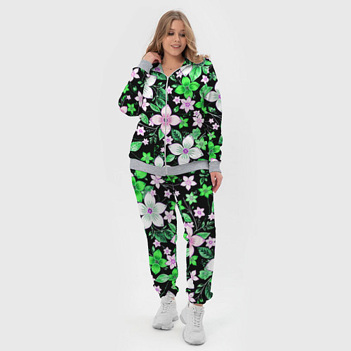 Женский костюм Зелёно-белые цветы на чёрном фоне / 3D-Меланж – фото 4