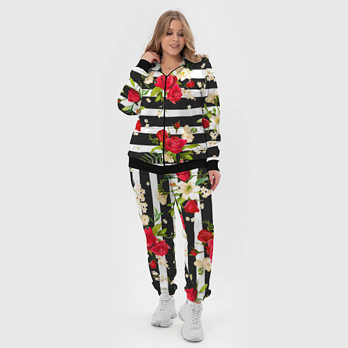 Женский костюм Красные розы на черных полосках / 3D-Черный – фото 4